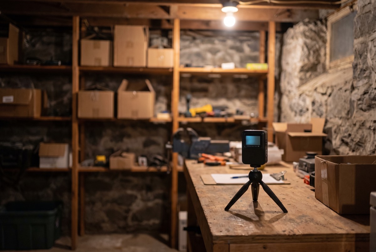 Continuous radon monitor on a tripod in a stone-foundation Kentucky basement